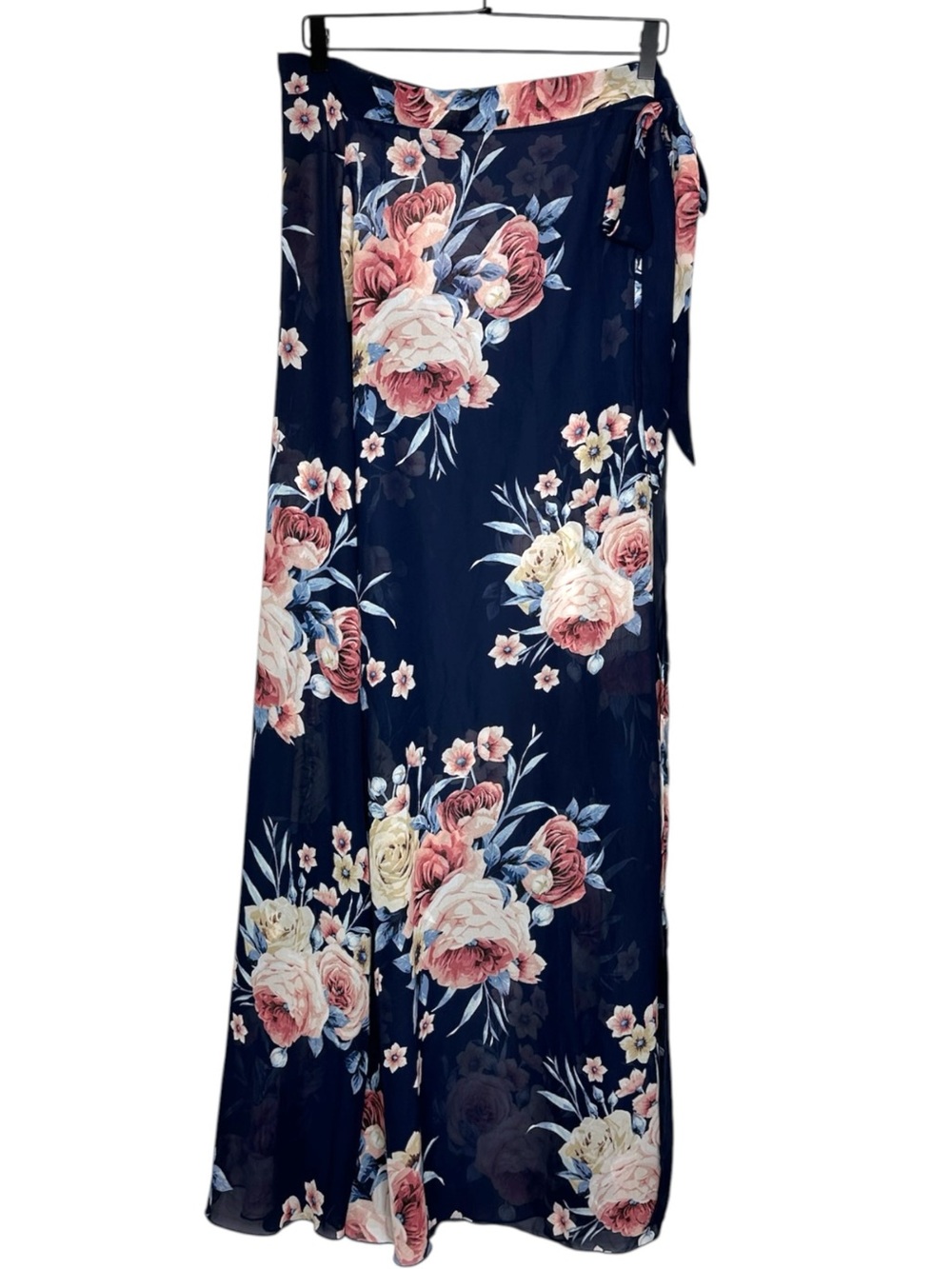 Want My Look Navy Floral Wrap Maxi Skirt Sheer Large Coastal Vacation Resortwear
